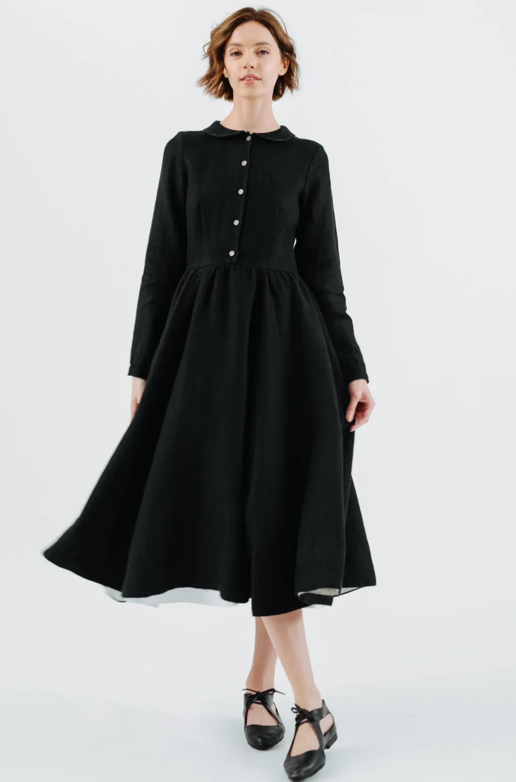 Classic Dress, Long Sleeve, Twill Linen, Black Herringbone