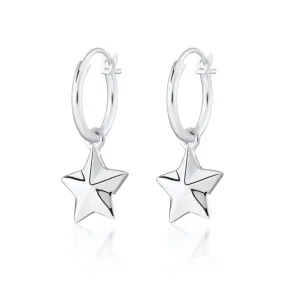 Silver Faceted Star Charm Hoop Earrings