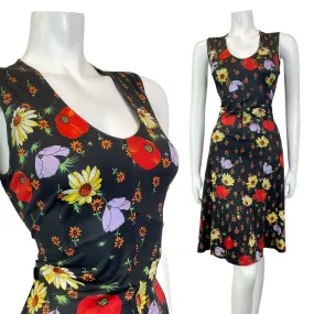 VINTAGE 60s 70s BLACK RED YELLOW FLORAL POPPY SLEEVELESS SUMMER DRESS 10 12